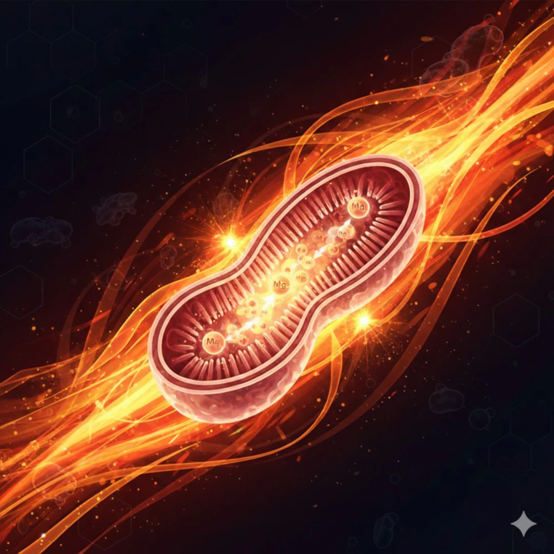 인체의 세포 속 미토콘드리아가 에너지를 활발하게 생산하는 모습을 상징적으로 표현합니다. 마그네슘 분자들이 미토콘드리아 안에서 반짝이며 에너지를 생성하는 과정을 보여주는 인포그래픽 스타일의 이미지가 좋습니다. 밝고 활기찬 주황색&amp;#44; 노란색&amp;#44; 빨간색 계열의 색감을 사용하여 역동적인 에너지를 표현합니다. 