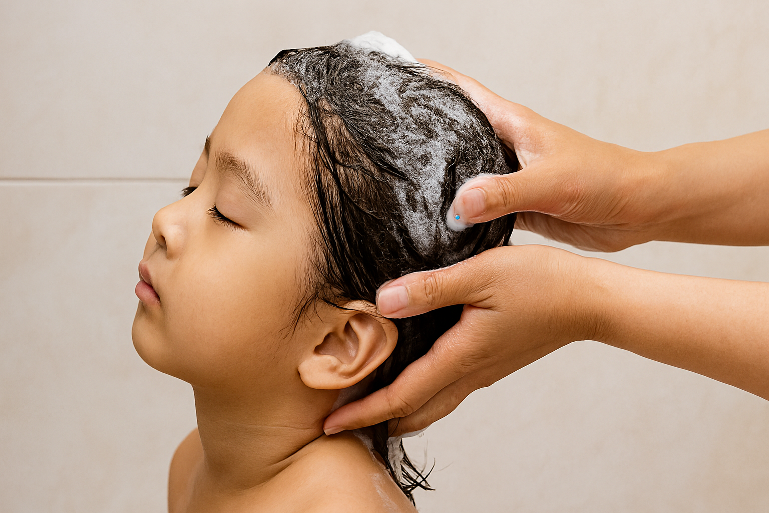 아이 머리를 손끝으로 부드럽게 감기는 장면