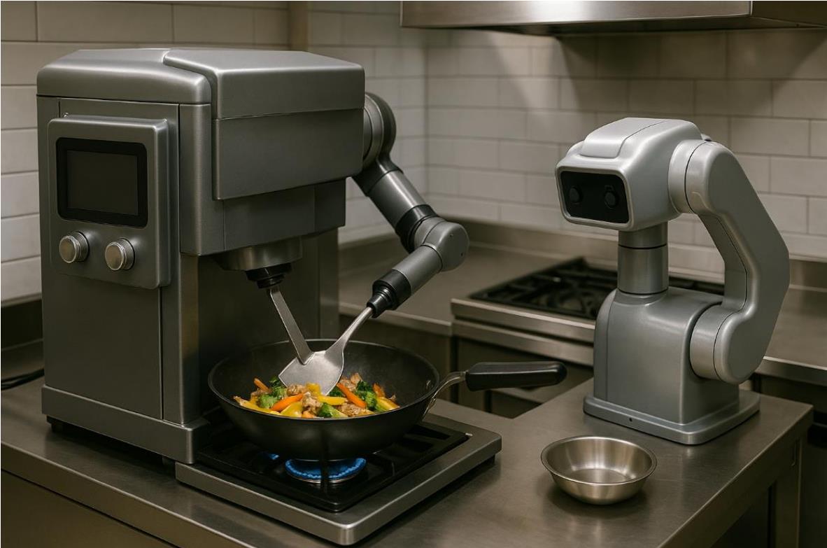 주방에서 볶음 요리를 제조하는 로봇