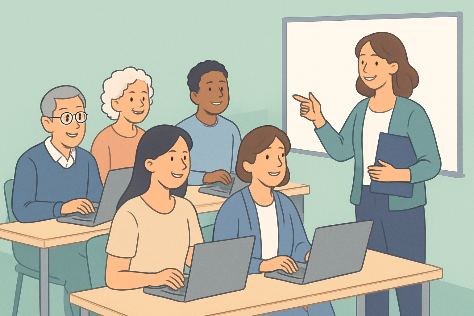 파스텔 민트 배경의 교실에서 여성 강사가 빈 칠판을 가리키며 설명하고, 앞줄과 뒷줄에 앉은 다양한 연령대의 수강생 다섯 명이 노트북으로 실습하는 모습