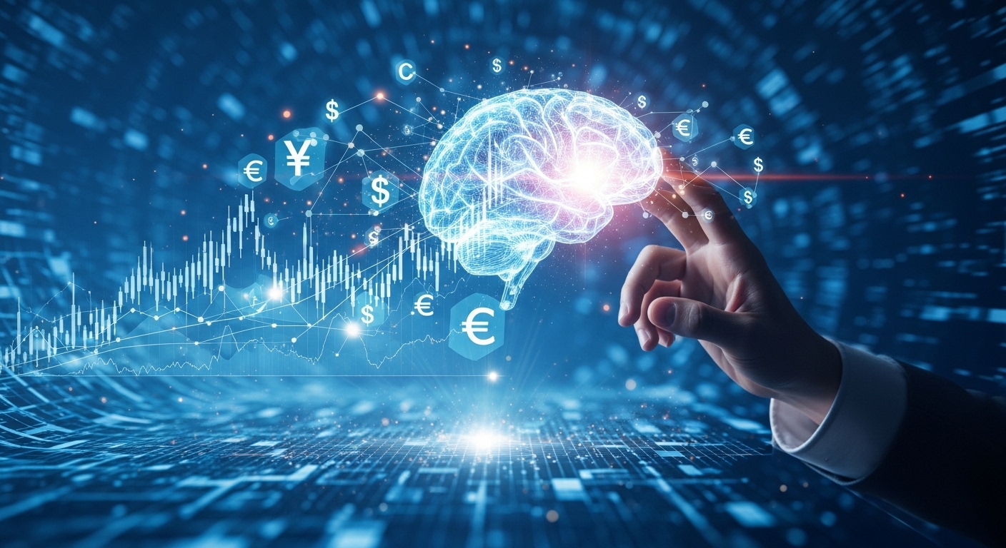 푸른색 디지털 배경에서 주식 차트와 연결된 AI 뇌와 상호작용하는 손의 이미지, 2025년 AI 투자의 미래를 상징.