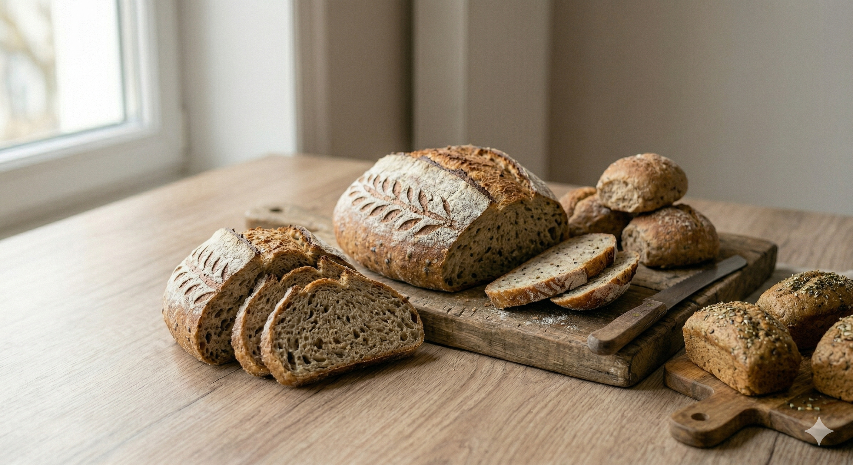 비건 식물성 오일로 구워낸 다양한 종류의 천연 발효 사워도우 빵들