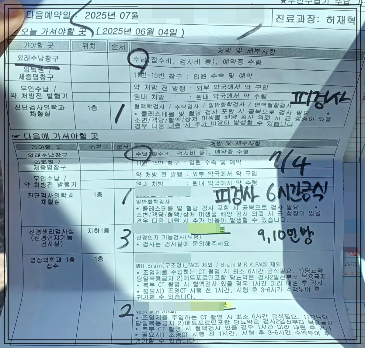 2025년 6월 4일 신경과 진료 후 받은 검사 안내서. 피검사, MRI 뇌검사, 신경생리기능검사(치매 검사) 등 다양한 검사 항목과 이동 순서(1~3번 순번)가 수기로 표시되어 있으며, ‘피검사 6시간 공복’, ‘9·10번 방’ 등의 메모가 적혀 있음