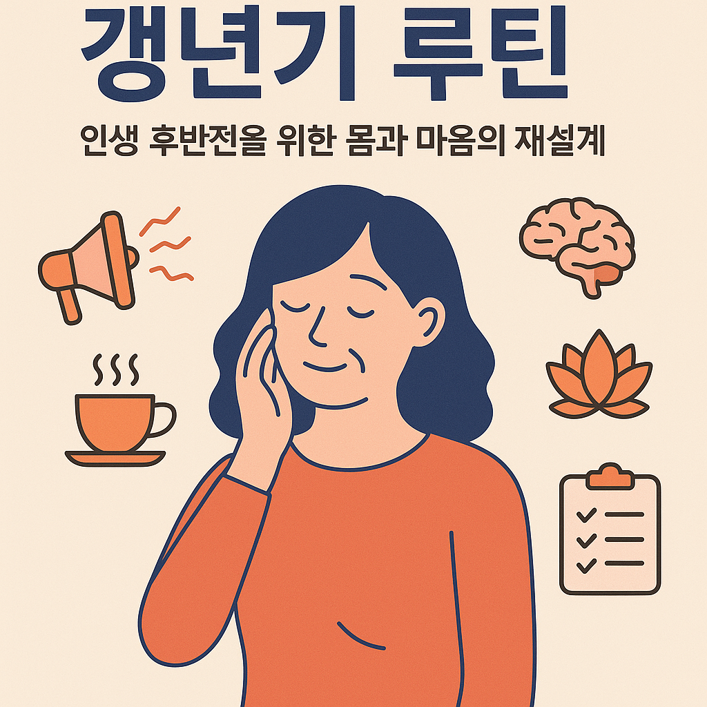 중년 여성이 평온한 표정으로 갱년기 증상을 다스리는 모습을 표현한 일러스트 – 핫플래시, 차 한 잔, 뇌 건강, 명상, 체크리스트 아이콘 포함