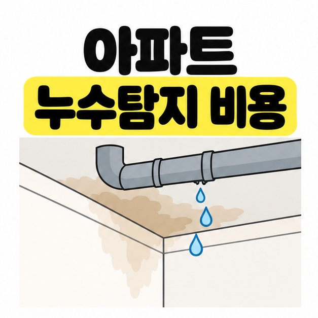 아파트 누수탐지 비용이라는 제목 아래 실내 천장 모서리의 물자국과 회색 배관에서 떨어지는 파란 물방울을 보여주는 대표 이미지