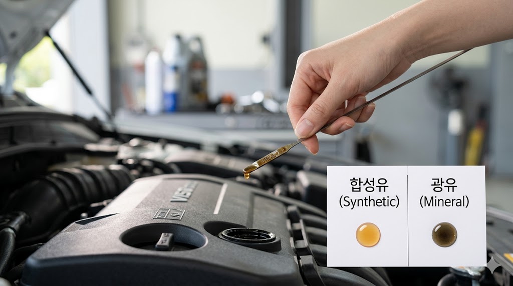 맑고 투명한 합성유와 탁하고 불순물이 섞인 광유의 오일 상태를 나란히 비교하여, 왜 합성유가 엔진 보호에 유리한지 시각적으로 보여주는 이미지