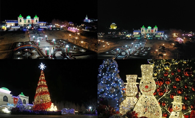 산타축제 행사장의 밤에 찍은 사진으로 상단우측부터 임실치즈테마파크 전체 전경을 우측, 좌측 방향에서 찍은 사진으로 여러색의 조명으로 어두운 밤이 은은하게 빛나는 모습과 대형 크리스마스트리와 눈사람 모양의 조형물이 예쁘게 빛나는 모습
