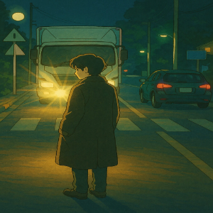 드라마 악귀에서 주인공이 어두운 밤거리에서 트럭의 전조등을 마주한 채 서 있는 긴장감 넘치는 장면