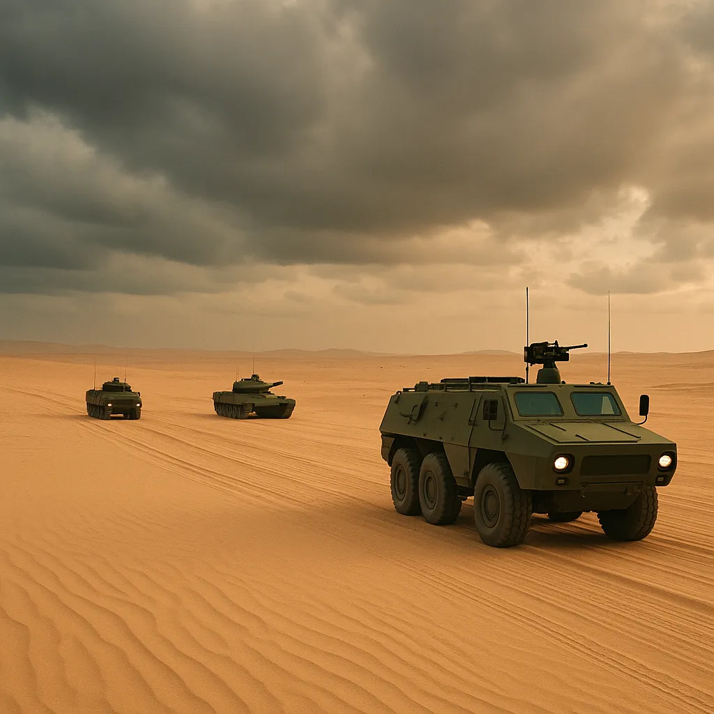 사막을 행진하는 군용 장갑차와 전차 행렬