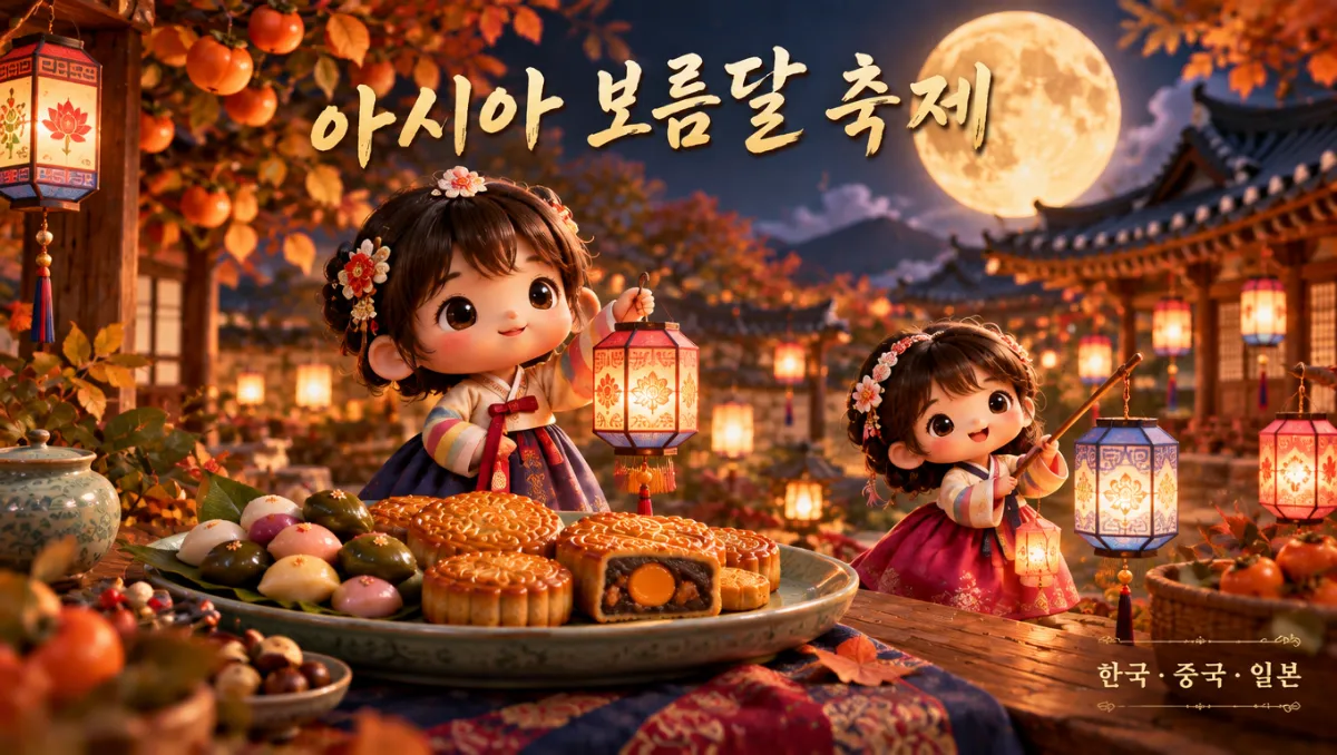 한복을 입은 미니미 캐릭터가 전통 장등과 송편, 월병을 들고 보름달 아래 한국 한옥 앞에 서 있는 아시아 가을 축제 일러스트