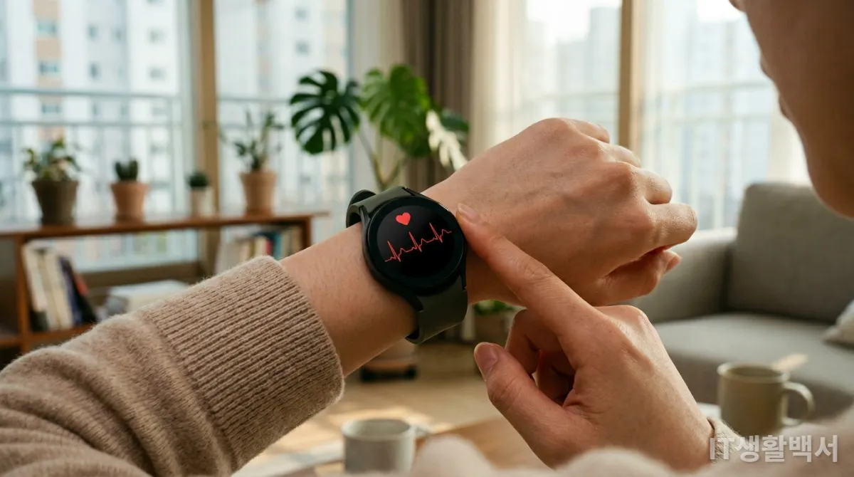 스마트워치로 심전도(ECG)와 심박수를 측정하는 한국인의 손목.