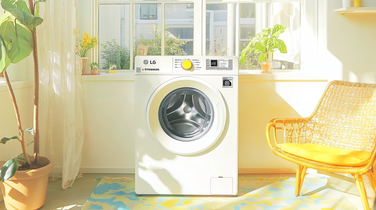 조용하게 작동하는 LG 트롬 세탁기가 도시 아파트의 평온한 거실 환경에 위치해 있으며, 잔잔한 일상 모습이 담겨 있습니다.