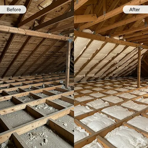 단열 리모델링 전(낡은 외벽)과 후(새 단열재)를 비교한 이미지입니다. 에너지 효율 개선을 위한 친환경 리모델링 사례입니다.