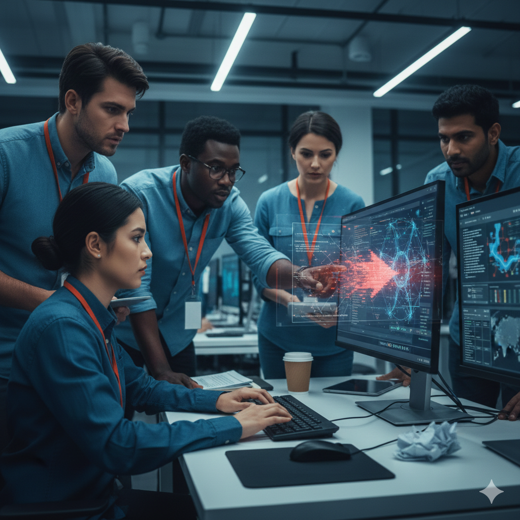 첨단 보안 관제 센터에서 다양한 인종의 전문가들이 여러 대의 모니터를 통해 시스템을 감시하고 있어요. 메인 화면에는 인공지능 에이전트의 경로를 방해하는 붉은색 경고 신호가 선명하게 표시되어 있고, 팀원들이 각자의 태블릿과 키보드를 사용하여 실시간으로 데이터 유출을 막기 위해 집중하고 있는 장면이에요.