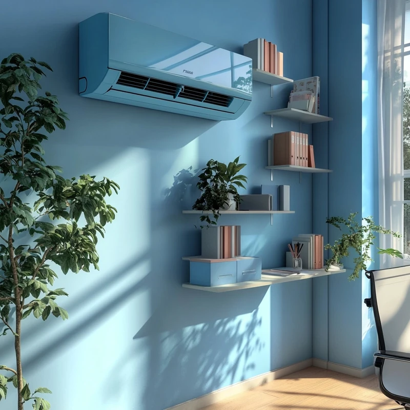 밝고 현대적인 오피스에서 에어컨이 인테리어와 조화를 이루며 편안한 작업 환경을 제공합니다. 세련된 디자인과 기능성을 강조합니다.