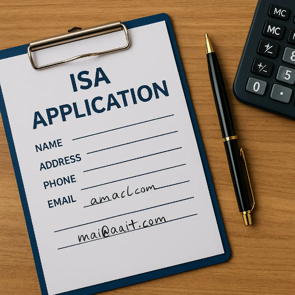 ISA 계좌 신청서가 클립보드에 고정되어 책상 위에 놓여 있고, 옆에는 펜과 계산기가 함께 있는 깔끔한 스튜디오컷 이미지