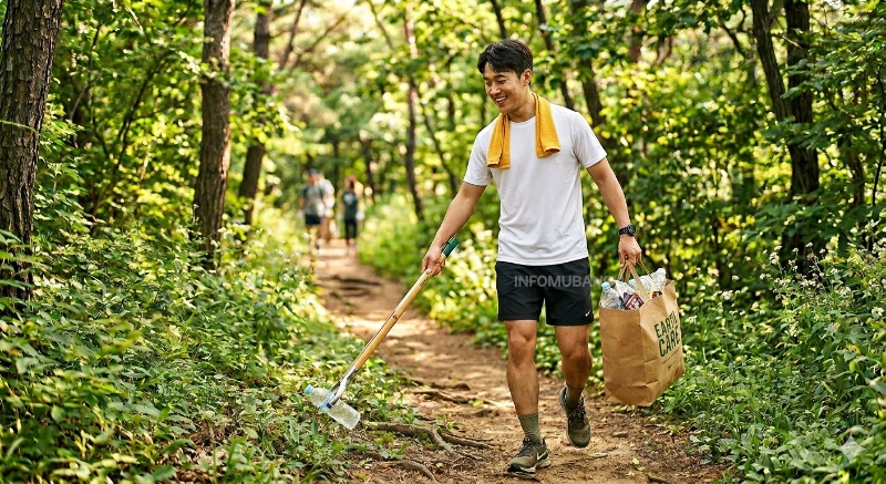 국립공원 탐방로를 걸으며 쓰레기를 줍는 사람