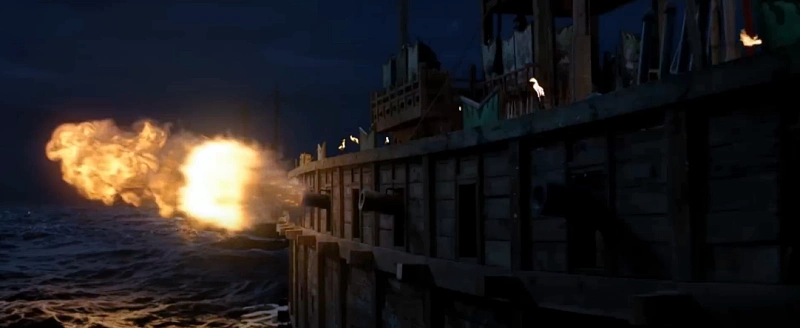 노량: 죽음의 바다에서 포탄을 발포하는 주요 장면