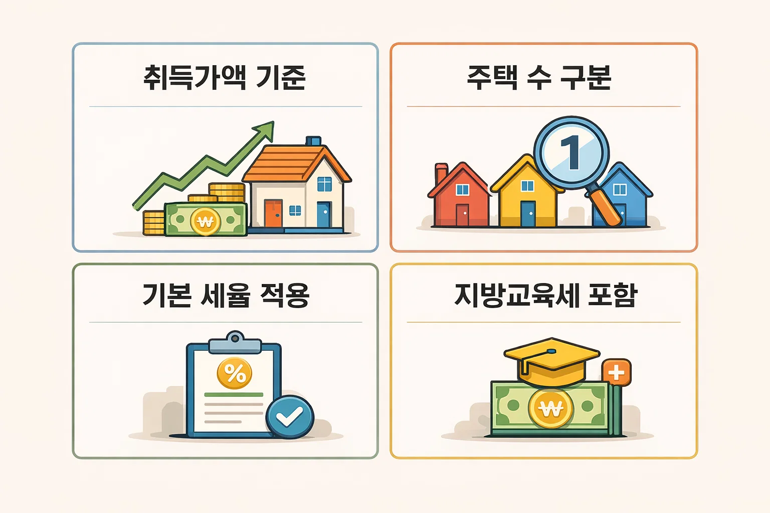 취득가액, 주택 수, 지방교육세 포함 등 취득세 등록세 산정에 영향을 주는 기본 세율 구조를 단계별로 설명한 인포그래픽