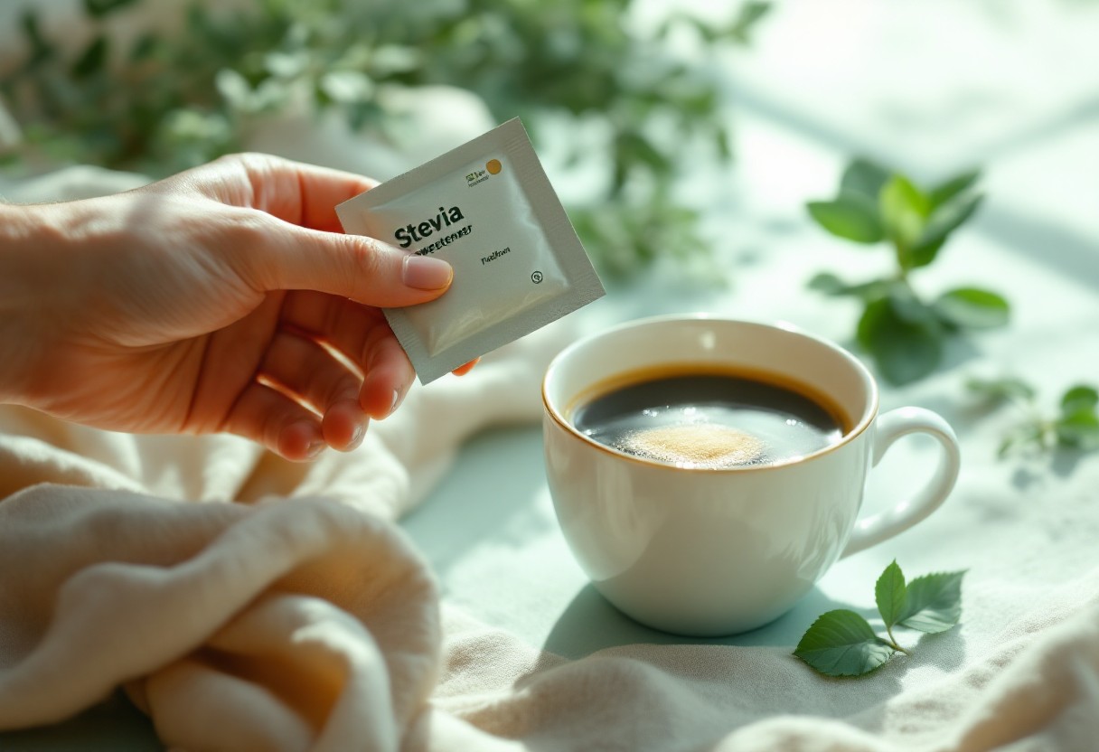 손이 커피 컵에 스테비아 감미료 봉투를 넣어 설탕 대신 대체 감미료를 사용하는 장면을 보여줍니다.