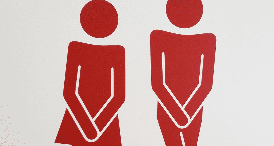 화장실이 급한 모습의 남성과 여성