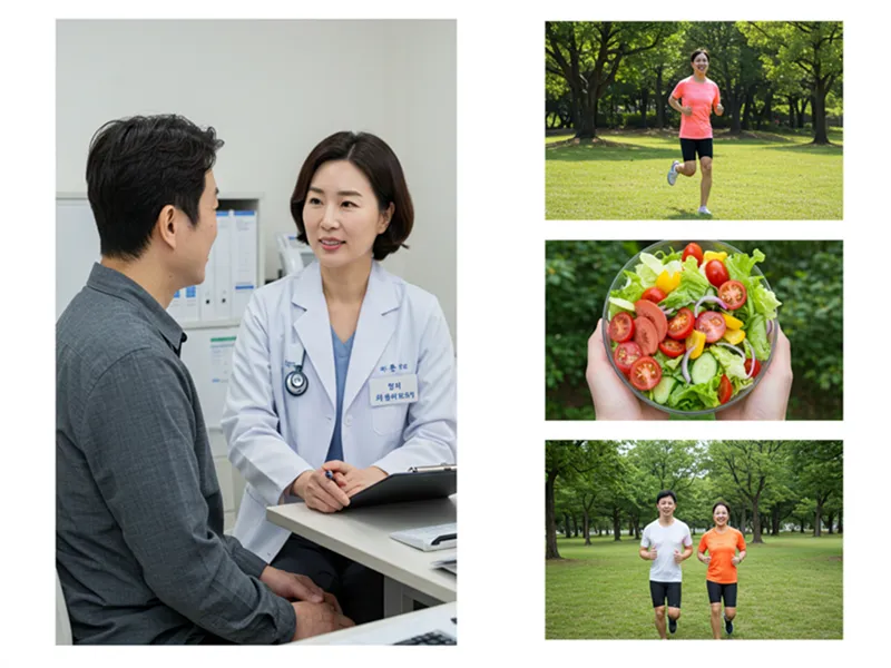 의사와 상담하는 모습과 함께, 공원에서 조깅하거나 신선한 채소를 요리하는 사람들의 모습.