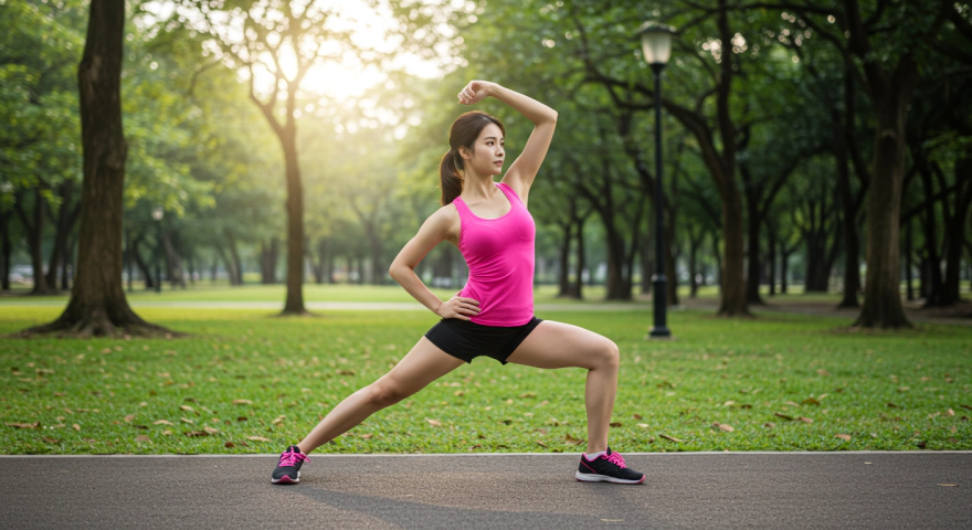 운동 전 스트레칭을 하는 한국인 여성