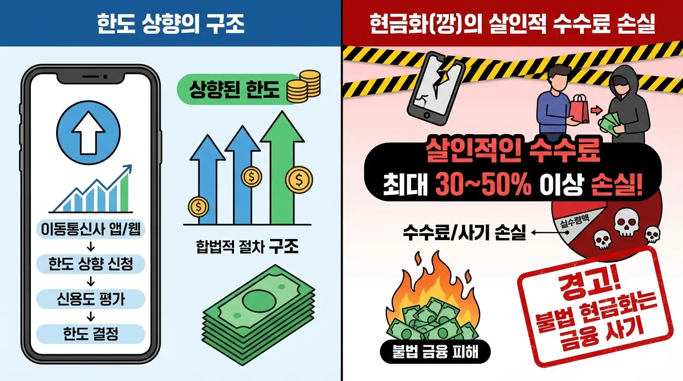 휴대폰 소액 결제 한도 상향의 구조와 현금화 시 발생하는 살인적인 수수료 손실을 경고하는 인포그래픽
