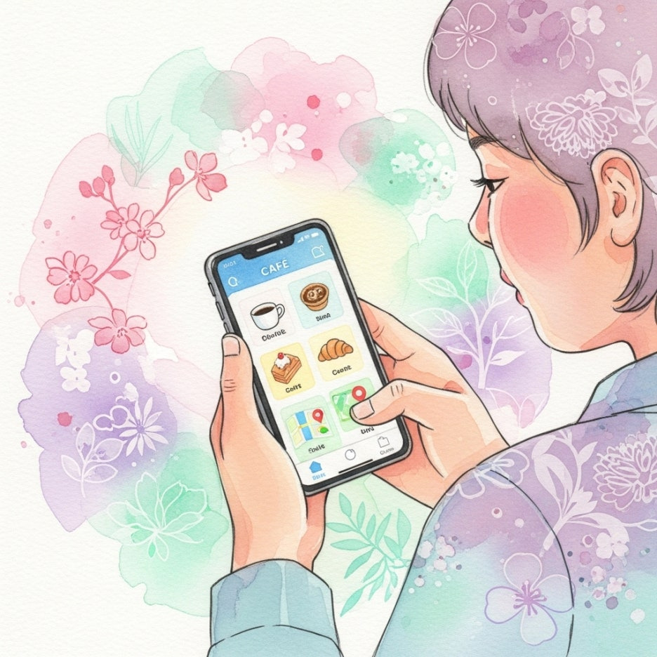 스마트폰 앱을 확인하며 미소 짓는 모습의 수채화 일러스트