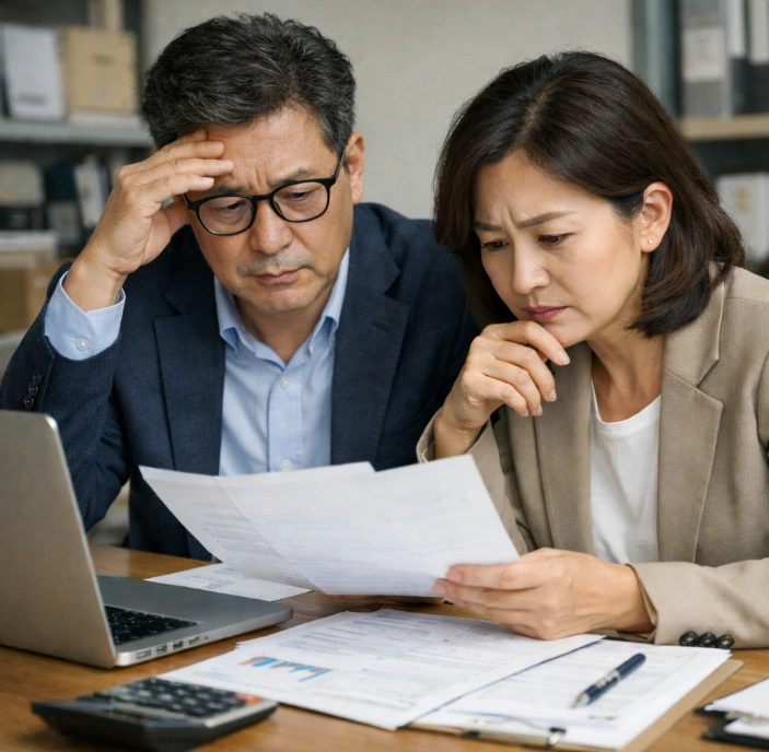 사무실에서 고용유지지원금 관련 서류를 검토하며 고민하는 40~50대 한국 사업장 대표 모습