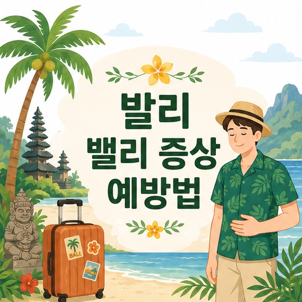 발리 여행가방과 야자수, 배를 감싸는 여행자를 통해 발리 밸리 증상과 예방법을 표현한 이미지
