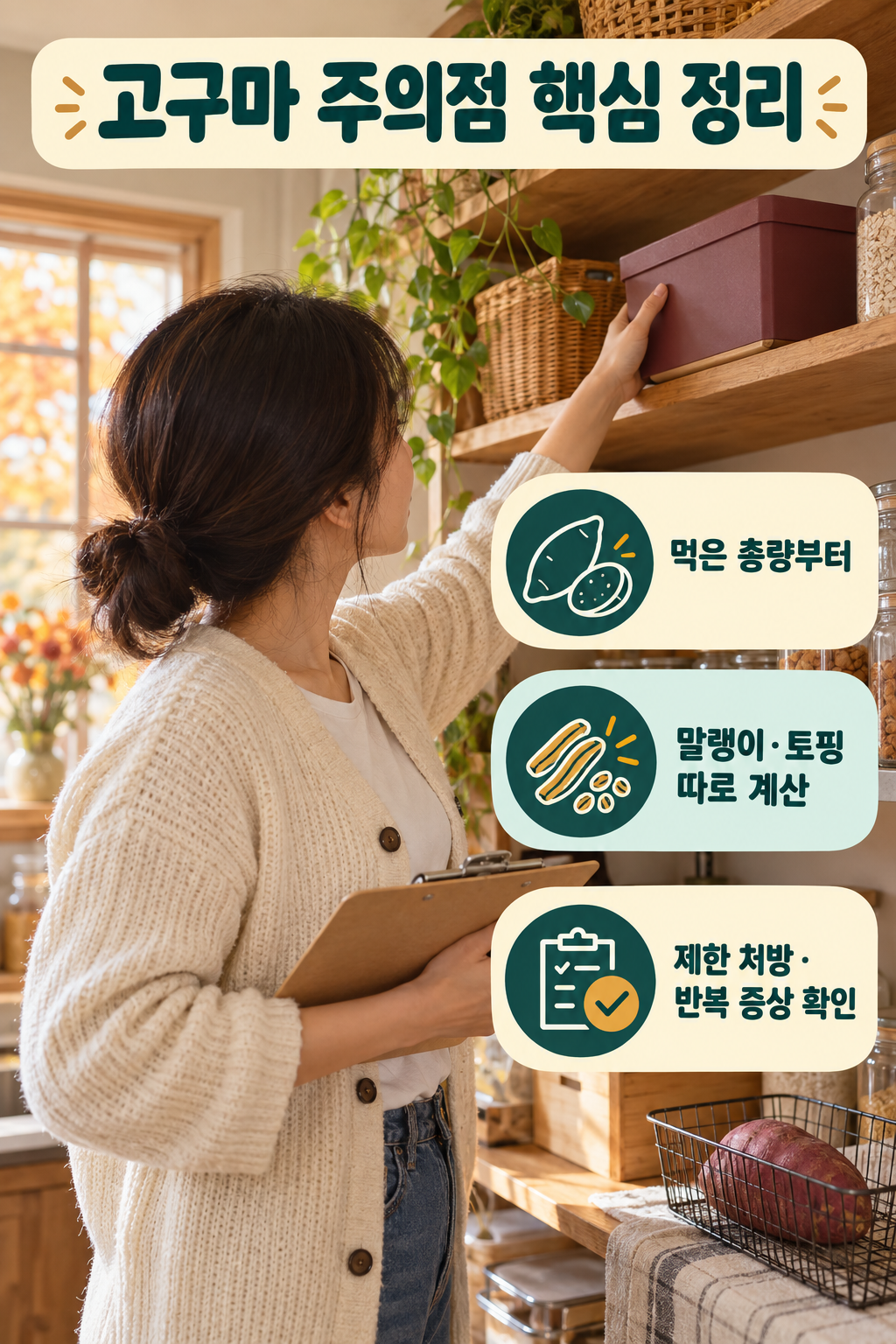 고구마를 먹을 만큼 덜기, 버터&middot;시럽 없이 담백하게 조리하기, 달걀과 채소 곁들이기, 말랭이 제품 표시 확인하기를 네 실사 장면으로 정리.