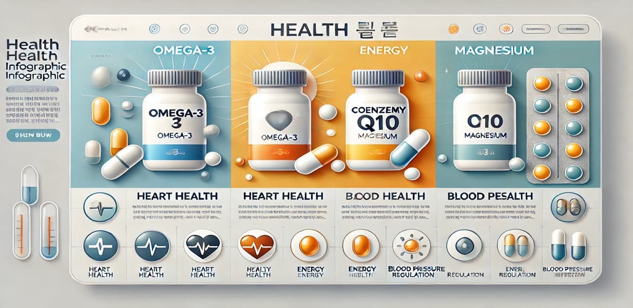 심혈관 건강을 위한 오메가3, 코엔자임Q10, 마그네슘 인포그래픽