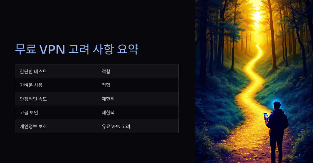 무료 VPN 선택 시 고려해야 할 사항을 표 형식으로 정리. 간단한 테스트와 가벼운 사용에는 적합하지만, 안정적인 속도와 고급 보안에서는 제한적임을 설명