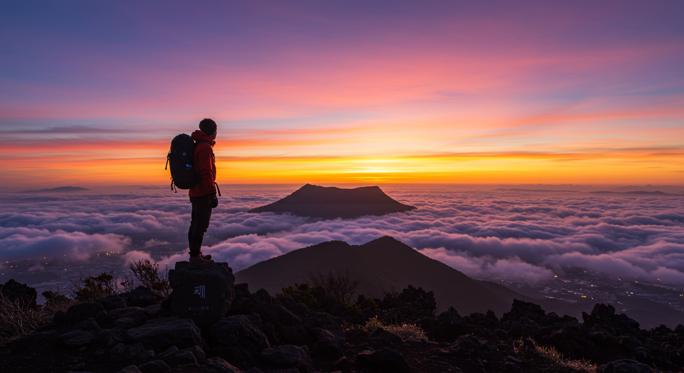 제주 한라산 정상 부근에서 일출을 바라보며 감동을 느끼는 한국인 등반가의 실루엣