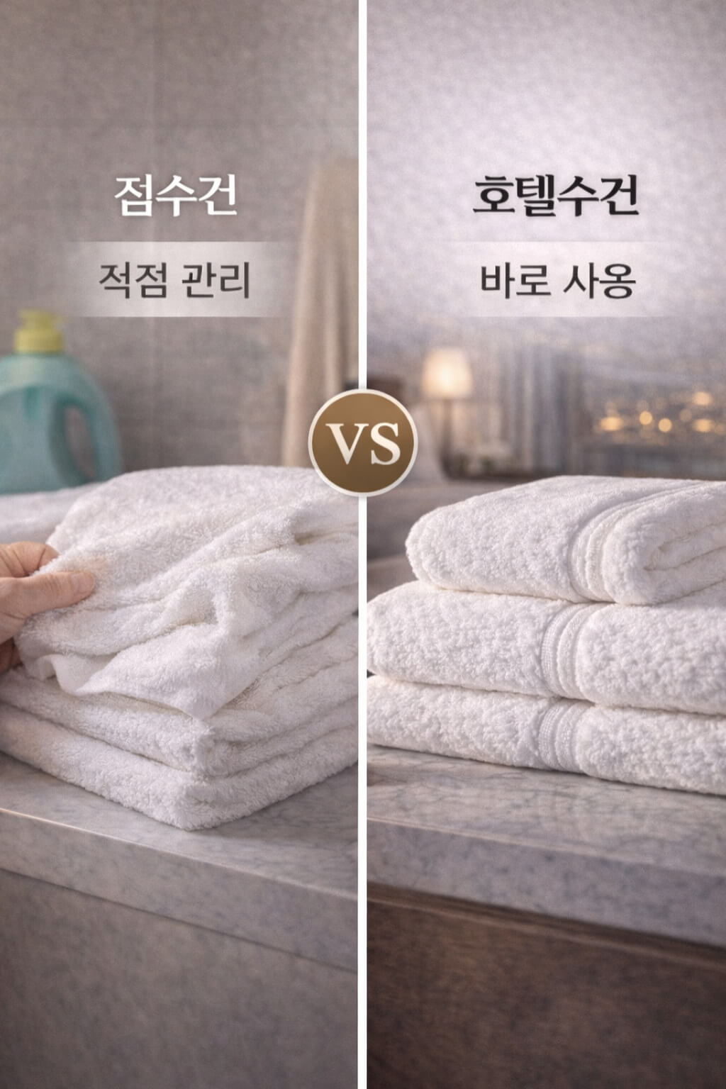 집수건과 호텔수건을 직접 관리와 바로 사용 관점으로 비교한 이미지