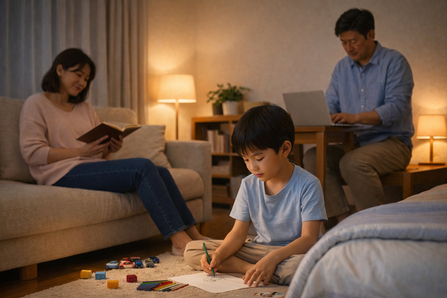 집에서 혼자 시간을 보내며 같은 공간에 있는 부모로부터 안정감을 느끼는 아이의 모습