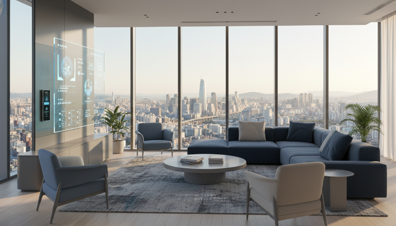 서울 신축 아파트의 세련된 거실 인테리어와 파노라마 도시 조망