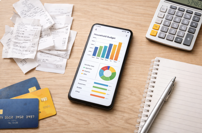 영수증과 카드, 계산기 옆에 디지털 가계부 그래프가 표시된 스마트폰 화면
