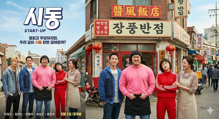 영화 시동의 주역들이 장풍반점 앞에 나란히 서서 각자의 개성을 뽐내고 있는 포스터 이미지