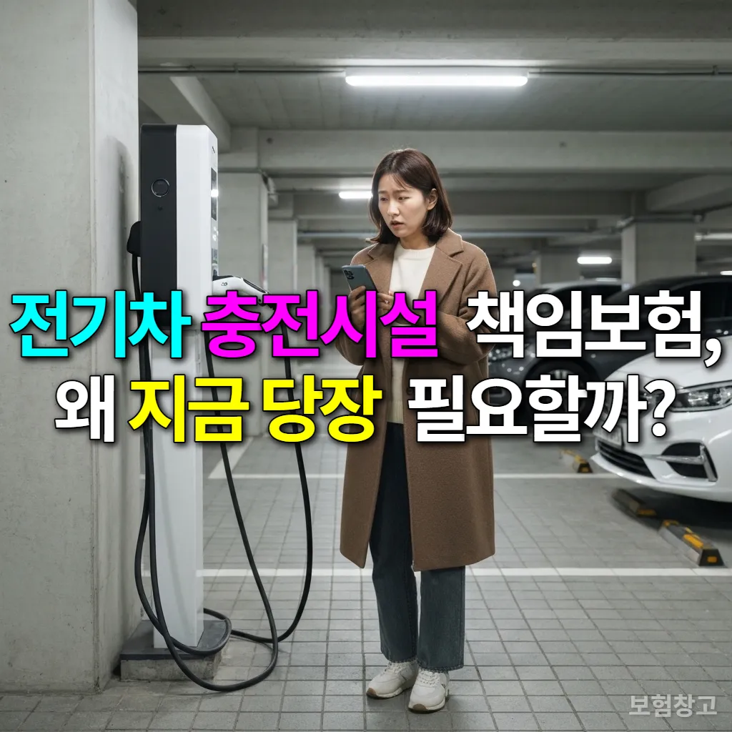 지하 주차장에서 전기차를 충전하며 스마트폰을 보고 있는 한국 여성