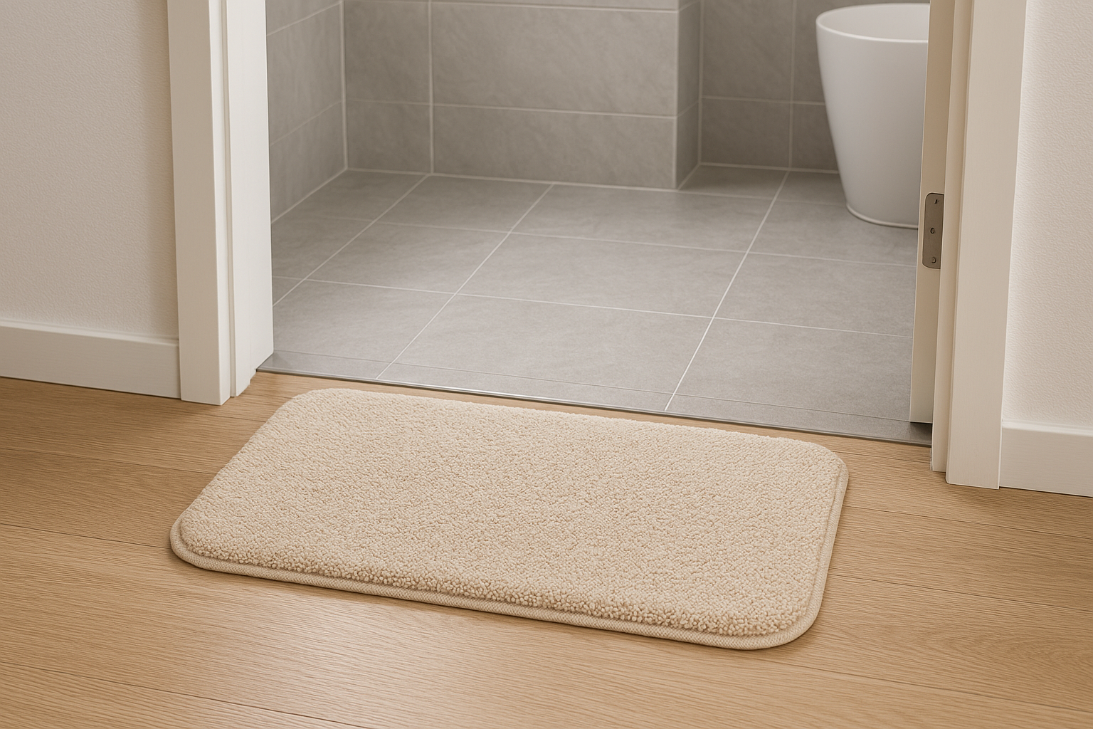 욕실 입구에 놓인 발판 매트 이미지