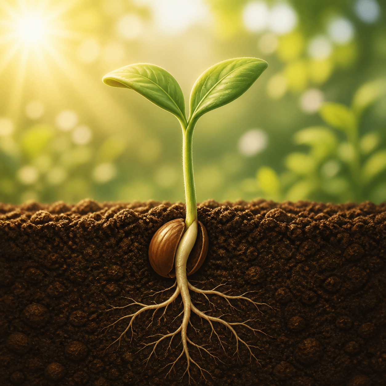 A seed sprouting into a young plant in soil