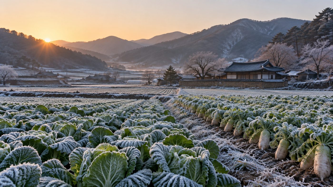 서리가 내려앉은 강원 내륙의 배추밭과 시골 마을 새벽 풍경