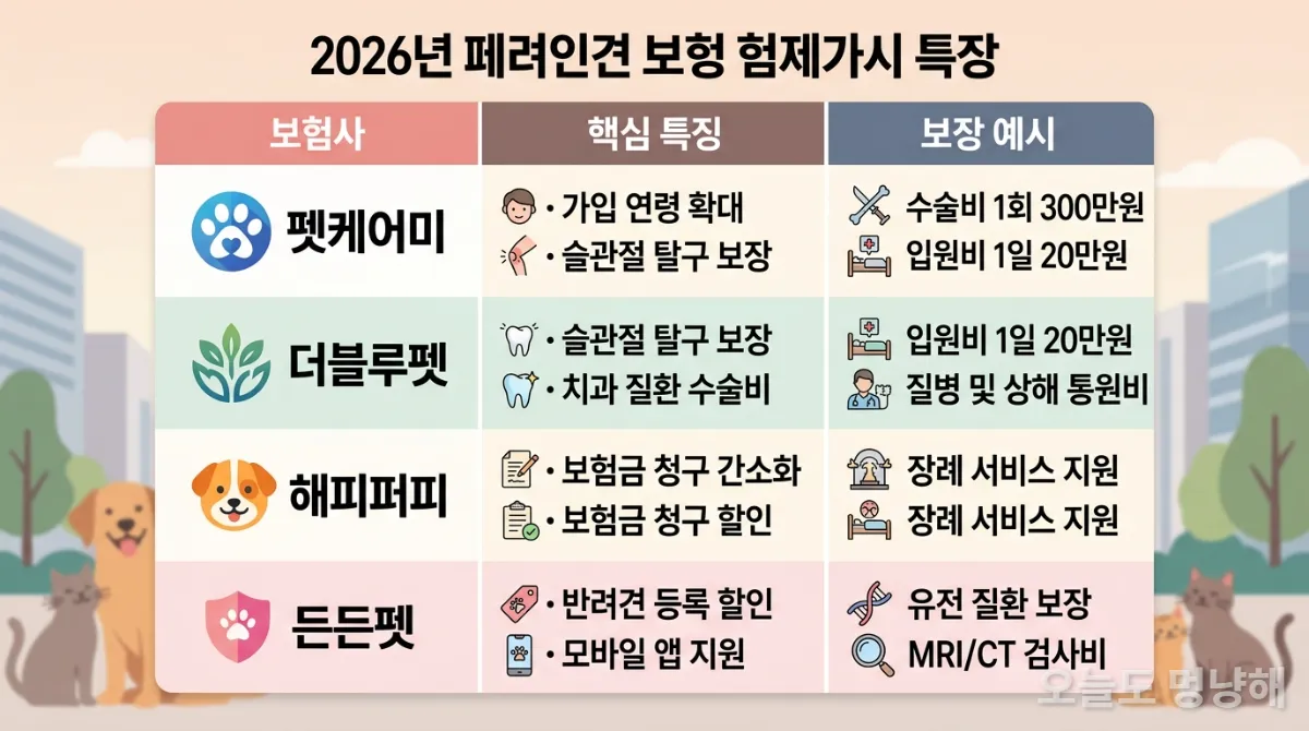 국내 주요 펫보험사 상품 혜택을 비교하는 표 이미지