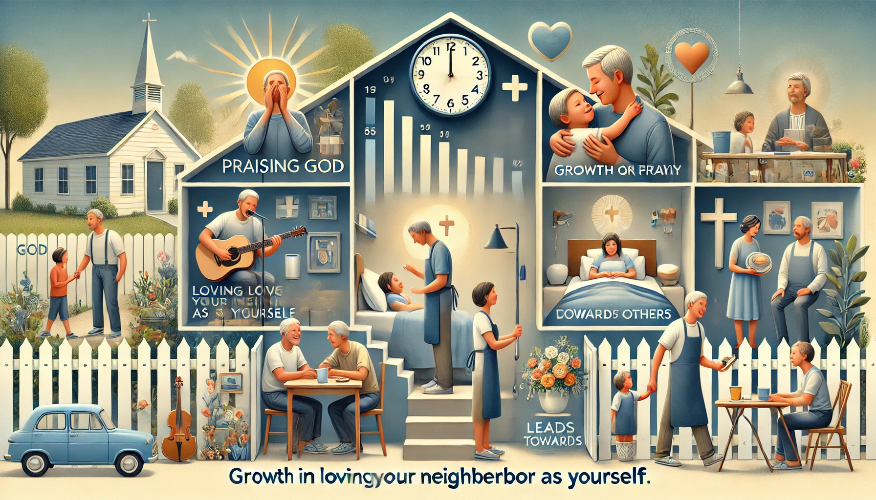 Here is the illustration of a modern person living a day filled with deep love for God and growth in loving their neighbor as themselves, praising God, and caring for others with compassion and faith.