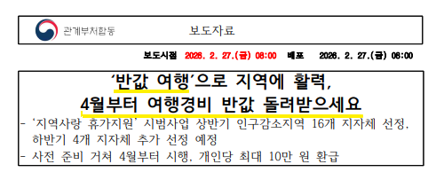 문화체육관광부 보도자료 - 4월부터 여행경비 반값 돌려받으세요 지역사랑 휴가지원 시범사업 16개 지자체 선정 및 개인 최대 10만원 환급 안내