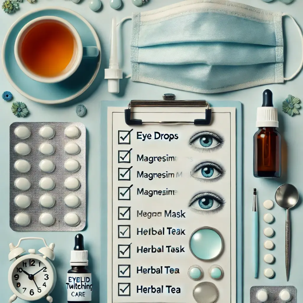 눈 밑 떨림 예방을 위한 안약, 마그네슘 영양제, 수면안대, 허브차, 눈 근육 관리 체크리스트가 평면으로 구성된 이미지