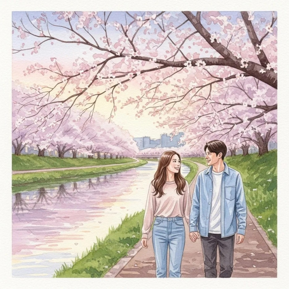 벚꽃길을 걷는 연인의 아름다운 모습