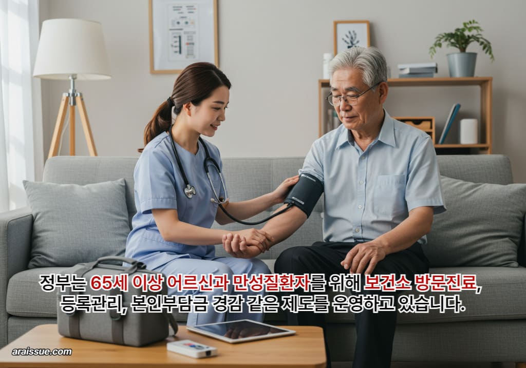 정부는 65세 이상 어르신과 만성질환자를 위해 보건소 방문진료, 등록관리, 본인부담금 경감 같은 제도를 운영하고 있습니다.
